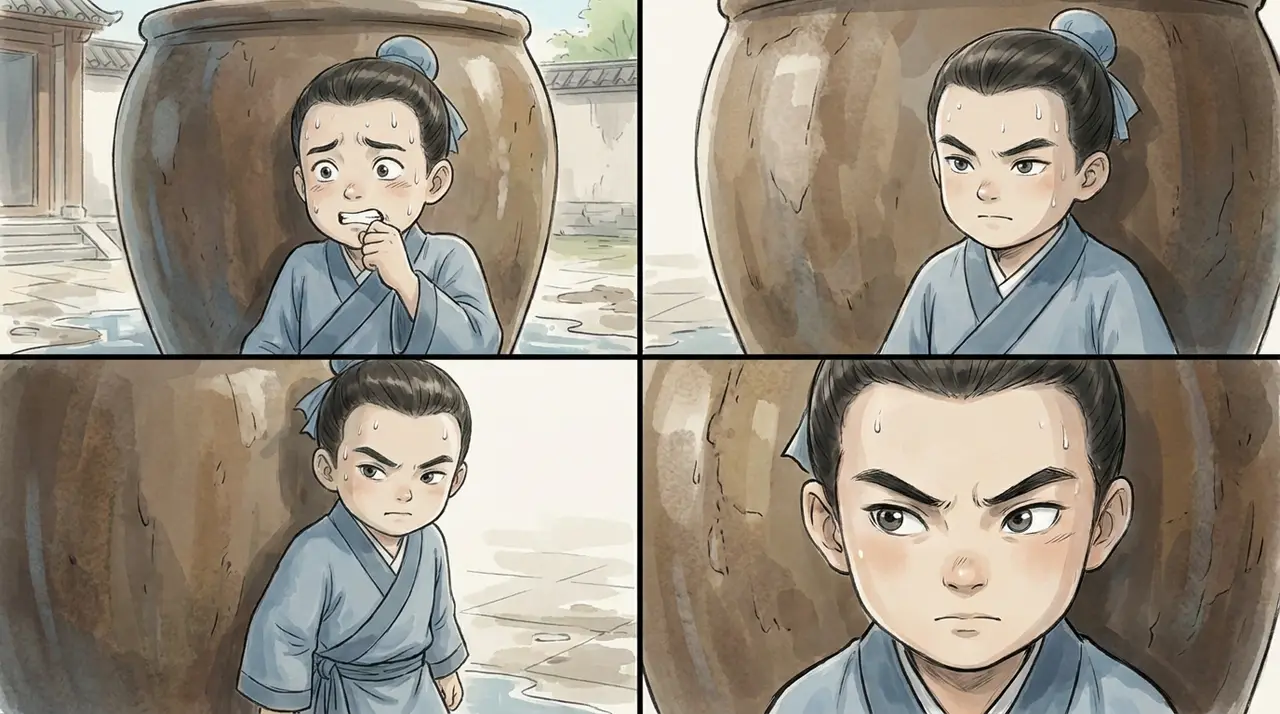 司马光砸缸-教育漫画|EP001-S002-U003 分镜图|司马光强迫冷静与观察