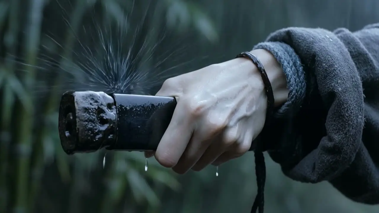 《赤金御押》｜第一世·御守｜S04·雨中拔刀特写 动作4·雨滴爆点【风格优先级最高｜CWX-KH-01】胡金铨写实武侠电影语言：框中框空间结构、灰青墨黑主色调、自然冷散射雨光、35mm粗颗粒胶片感、声音先行、长静止后极短爆发。 - 副本