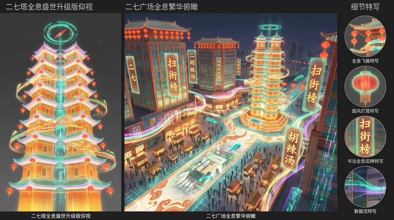 用AI打开郑州的三个时代|郑州2076_国风赛博