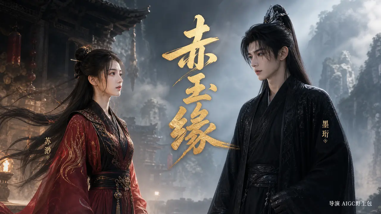 仙侠AI短剧《赤玉缘》第1集|主海报-横屏(含剧名与角色名)