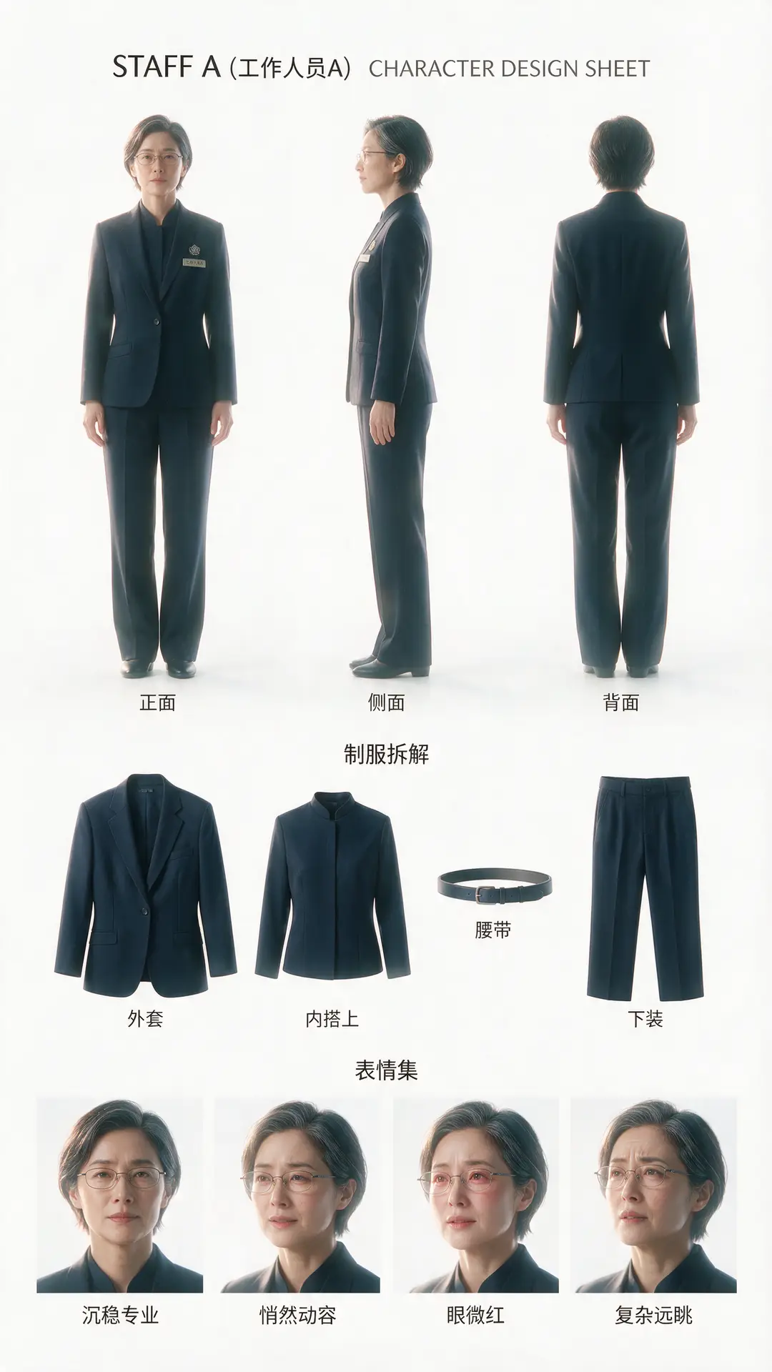 爆款女频短剧|一键成片-《我的机器人女友安九》|工作人员A·年长技术主管·角色参考图