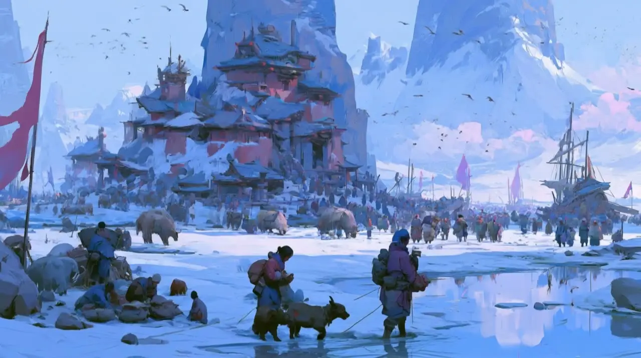 中式美学丨山海经异兽复古未来主义丨Agent制作｜雪原游牧聚落_可灵O3