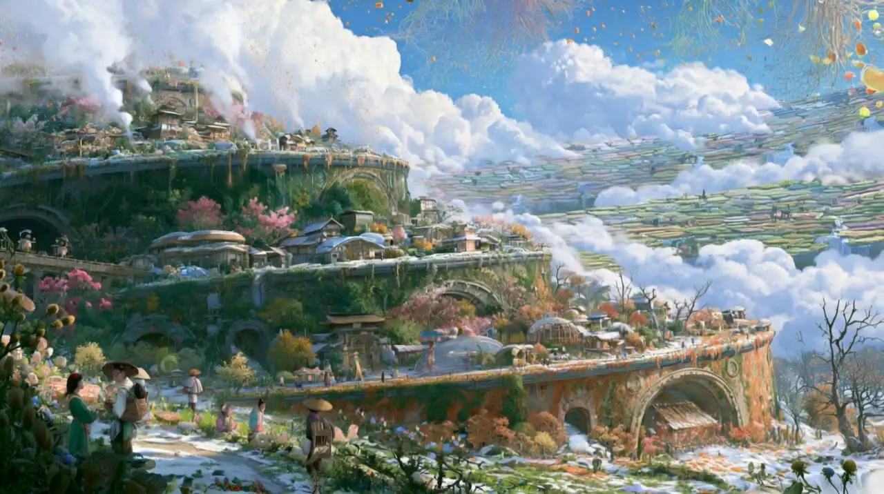 中式美学丨山海经异兽复古未来主义丨Agent制作｜云雾梯田山城_可灵O3
