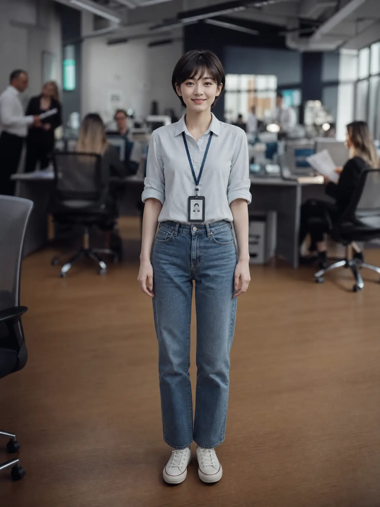 AI复刻广告-宝矿力能量饮料|冷白皮短发女生·全身正面·办公室