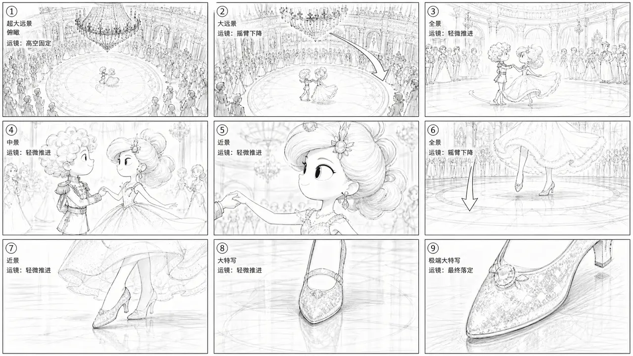 《灰姑娘:跑向新童话》|分镜草图1-镜头1前半(舞会开场)