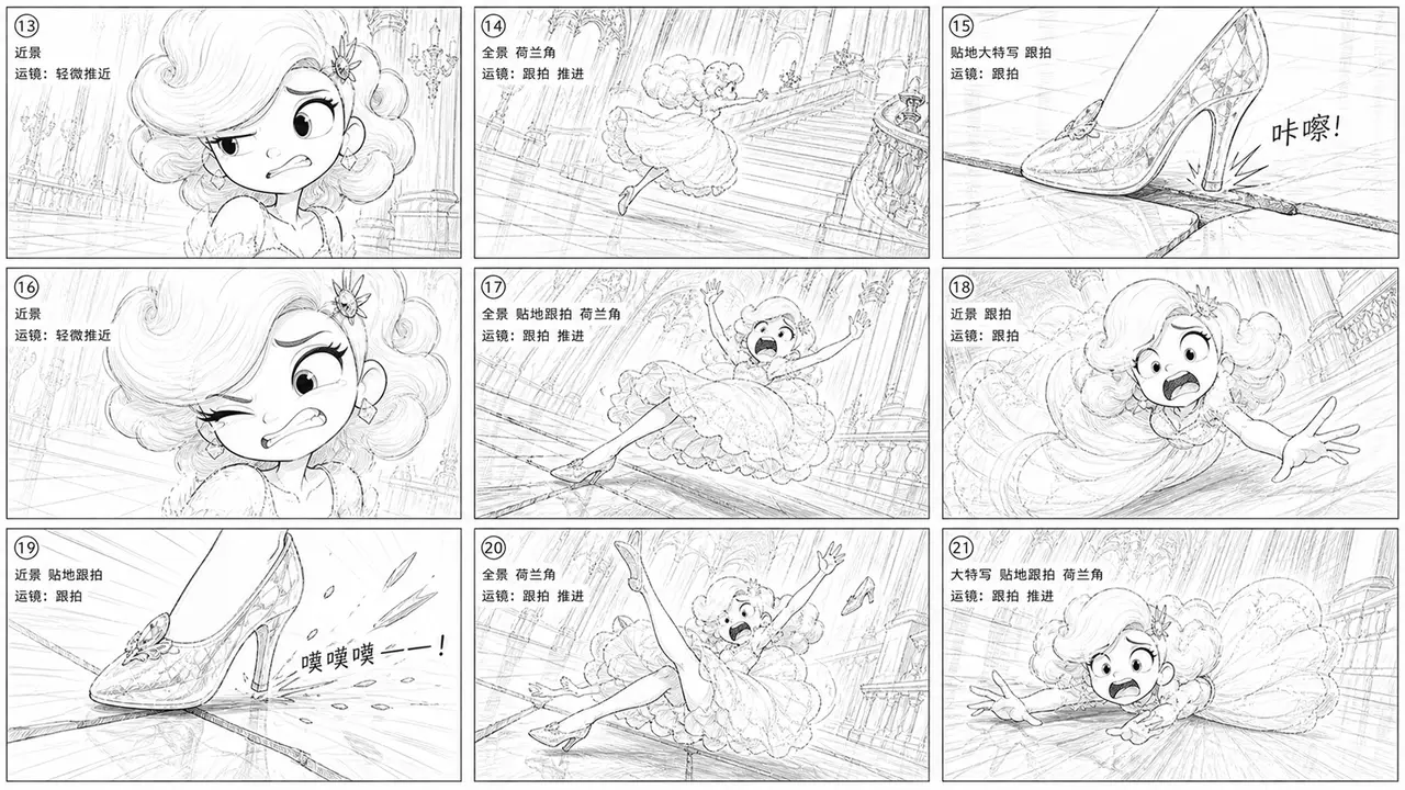《灰姑娘:跑向新童话》|分镜草图3-镜头3(水晶鞋磨脚逃跑失败)