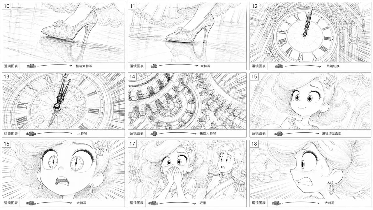 《灰姑娘:跑向新童话》|分镜草图2-镜头1后半+镜头2(水晶鞋落定+钟声响起)