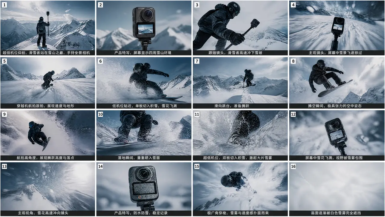 大疆360全景运动相机TVC广告|雪景-宫格分镜V2