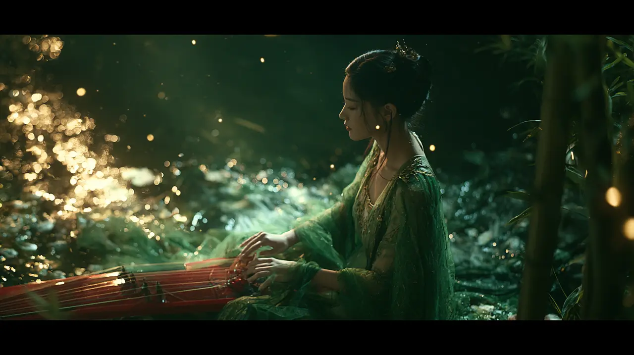 东方武侠MV《青衣行》｜分镜06-俯拍女子弹琴