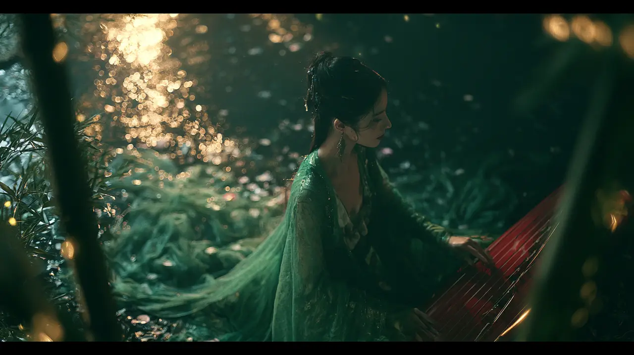 东方武侠MV《青衣行》｜分镜06-俯拍女子弹琴 - 副本