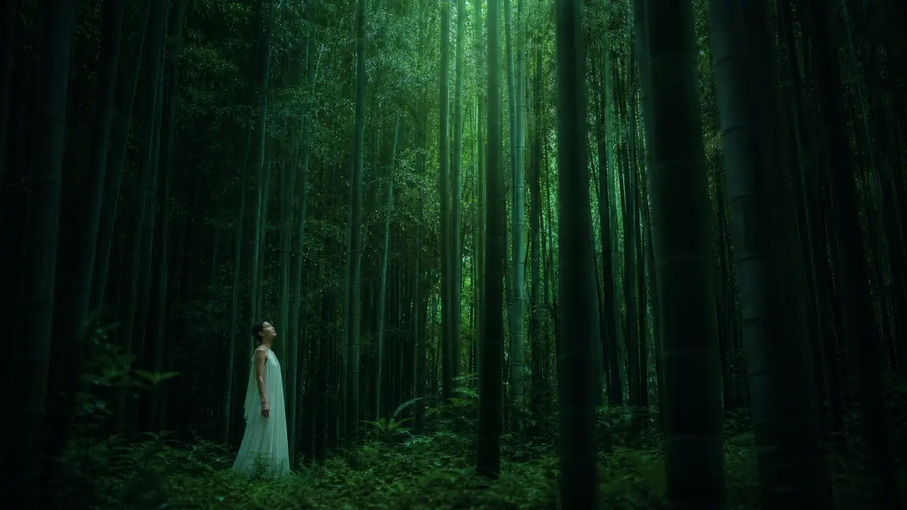 AI高清重制版张清芳《花雨夜》音乐MV|MV大景-竹林仰望小人