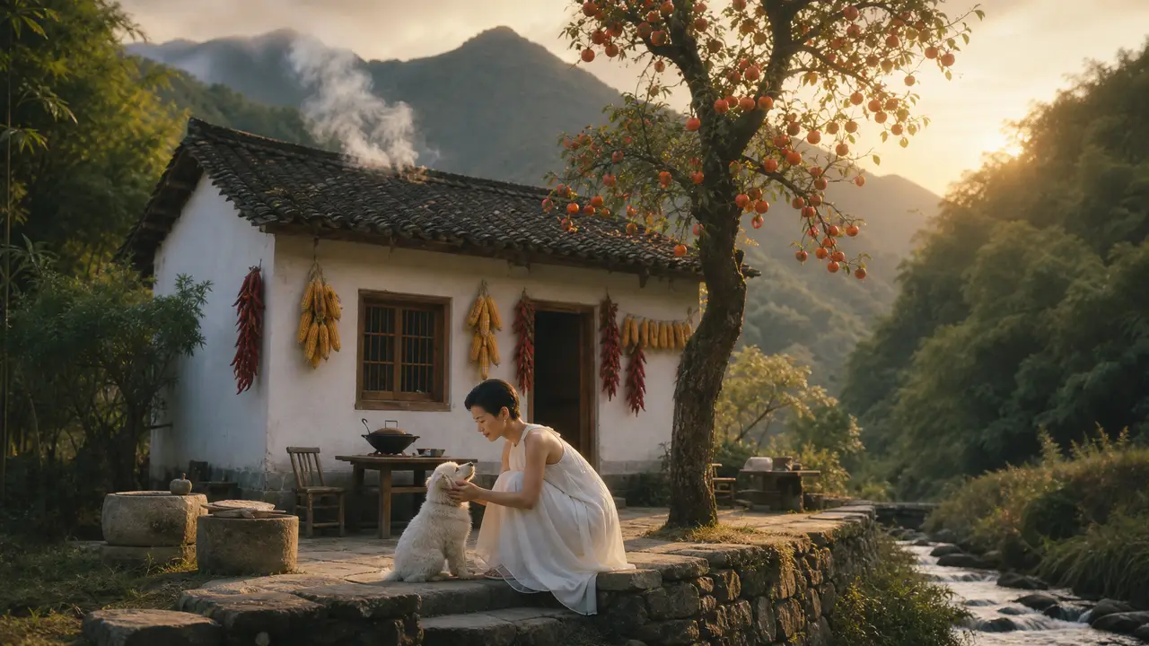 AI高清重制版张清芳《花雨夜》音乐MV|S11 木屋门口抚狗夕阳