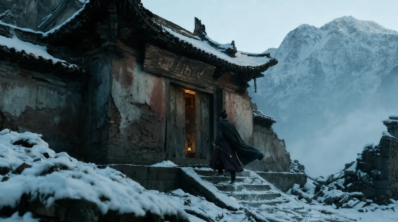 《俠之大者》中式美学 · AIGC武侠短片|雪山古刹-剑客踏雪归门