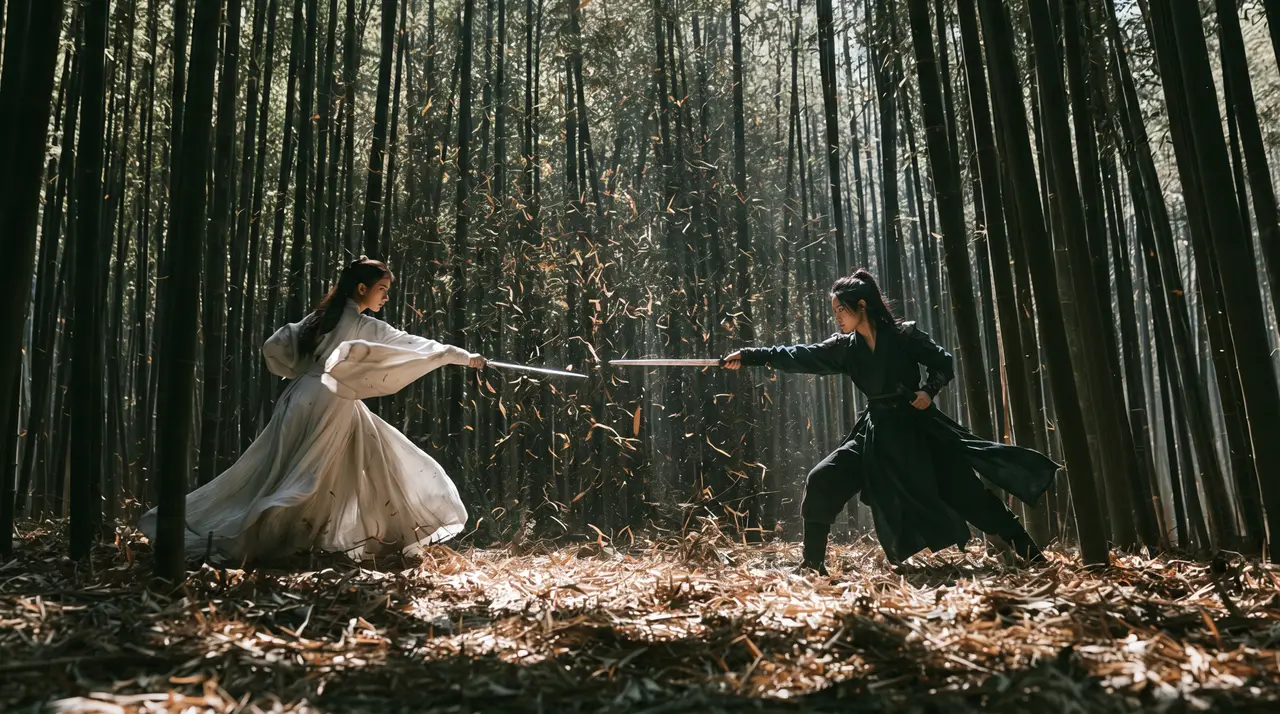 《俠之大者》中式美学 · AIGC武侠短片|竹林比武-高清重构+角色替换(一黑一白)