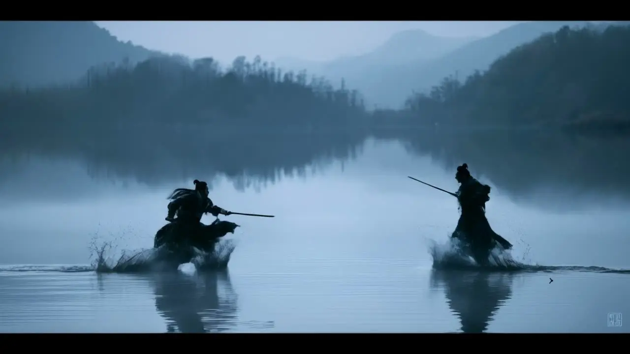 《俠之大者》中式美学 · AIGC武侠短片｜水面剑客对决-视频v2超真实细节版