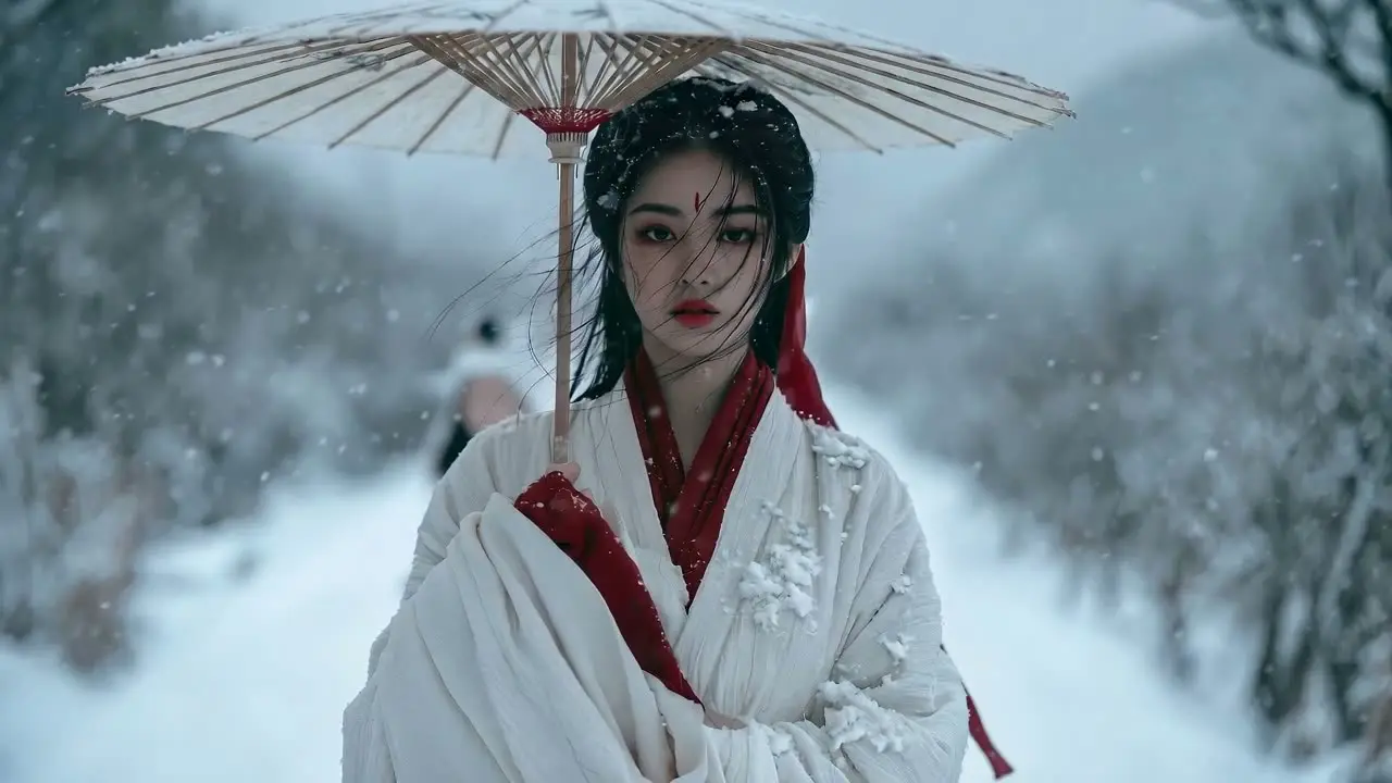 《俠之大者》中式美学 · AIGC武侠短片｜雪路独行女子-视频v2（面部稳定+发丝头带真实飘动）