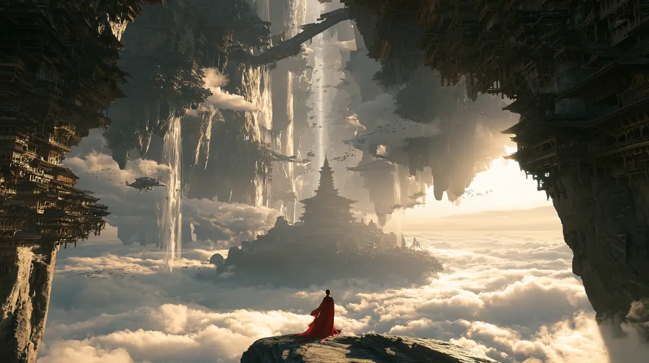 中式美学玄幻国风东方仙境丨社媒爆款生成|Cloud-Realm Dreamcore - Rooftop Overlook - 副本
