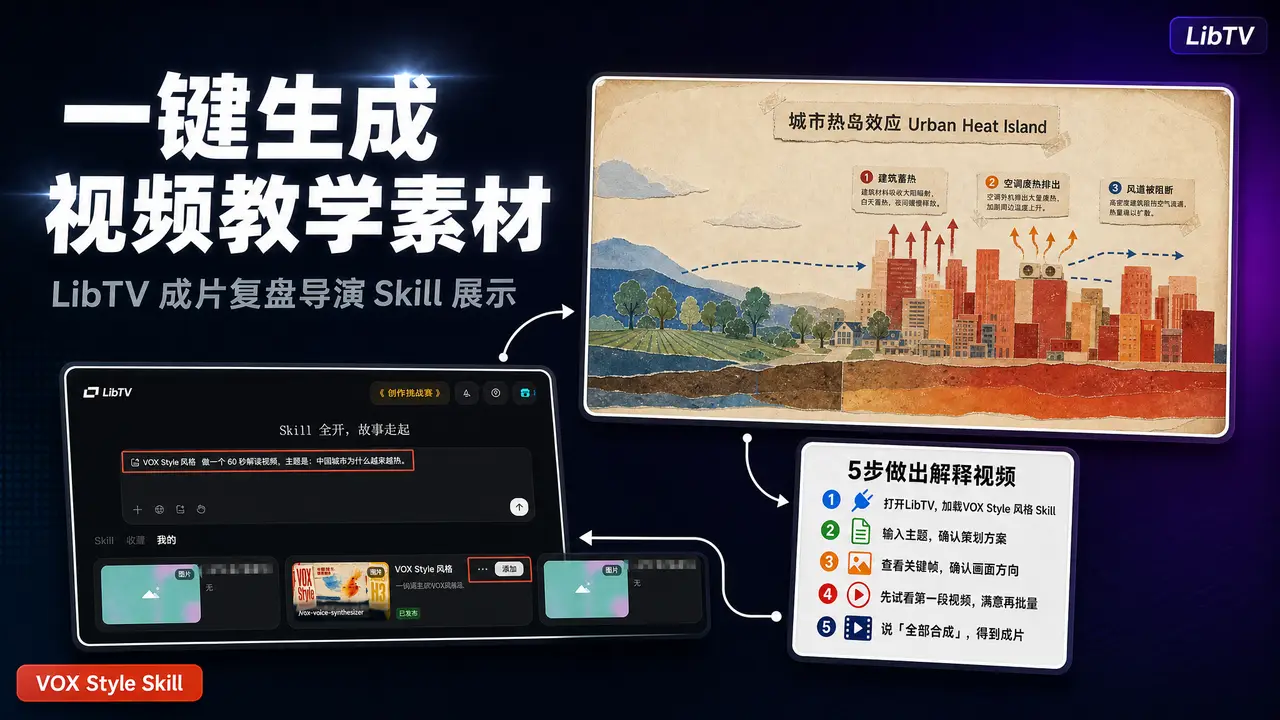 一键生成视频教学素材-LibTV 成片复盘导演Skill展示|封面v2-一键生成视频教学素材