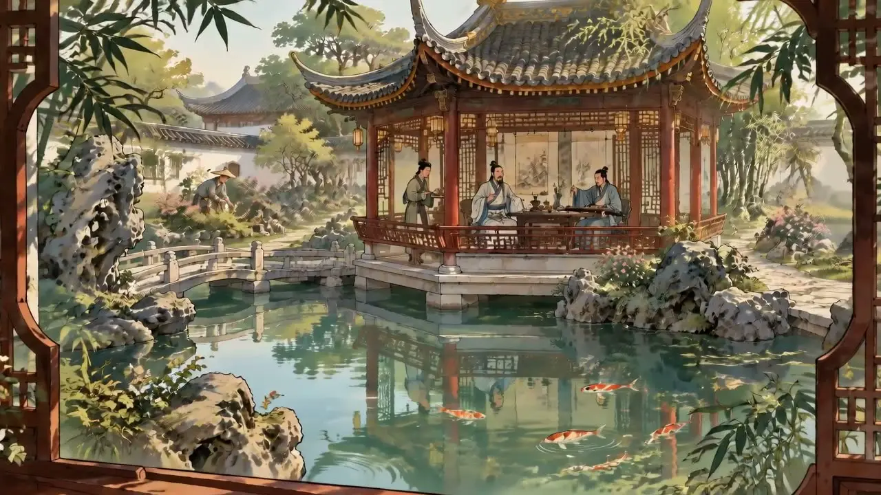 16幅画卷带你穿越600年前的盛世中国｜场景15｜江南园林雅集｜4s