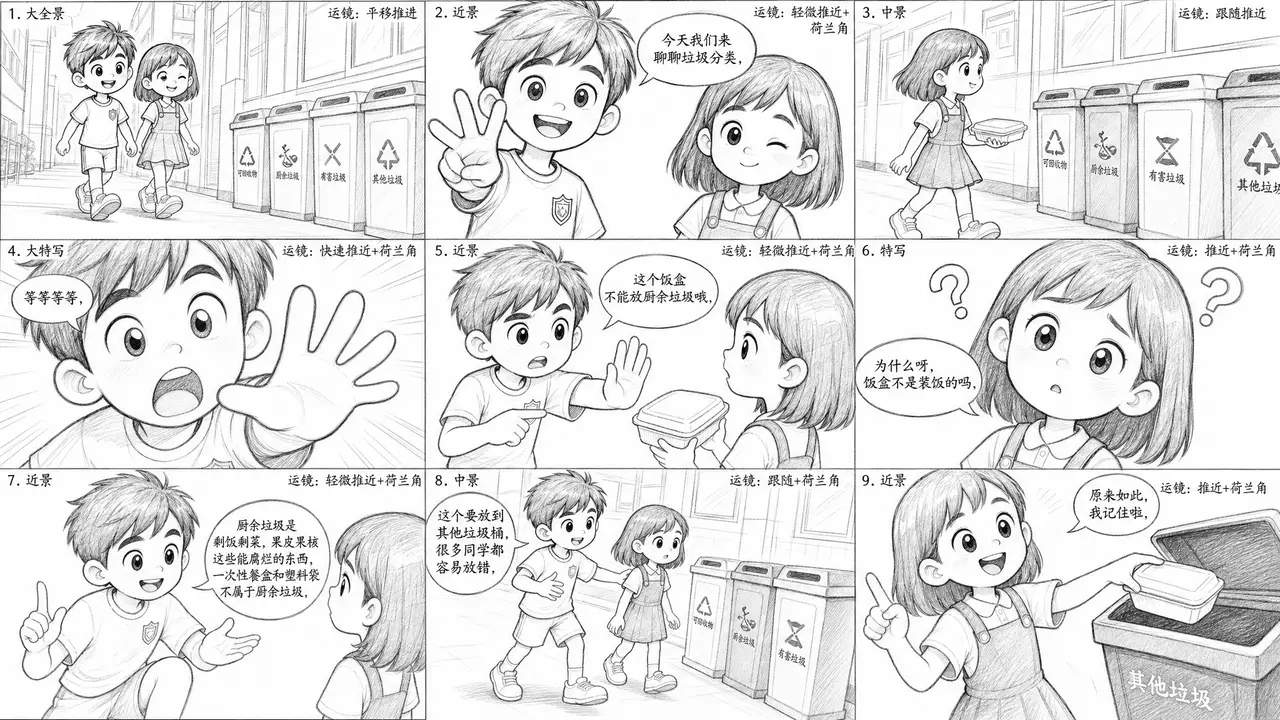 LibTV-Agent自动化创作丨垃圾分类小学生课堂|分镜草图第1张·开场+剧情一