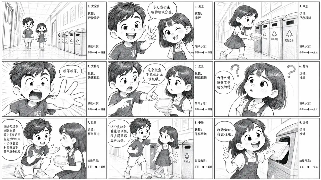 LibTV-Agent自动化创作丨垃圾分类小学生课堂|新分镜草图第1张·开场+剧情一
