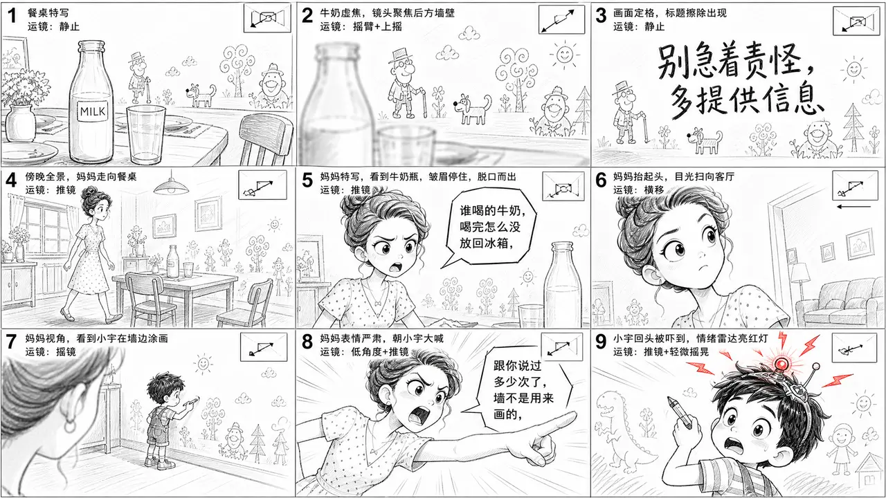牛奶又忘放冰箱?别吼 “谁干的”!换句台词直接开挂✨|分镜草图-第1张(镜头1-9)v3