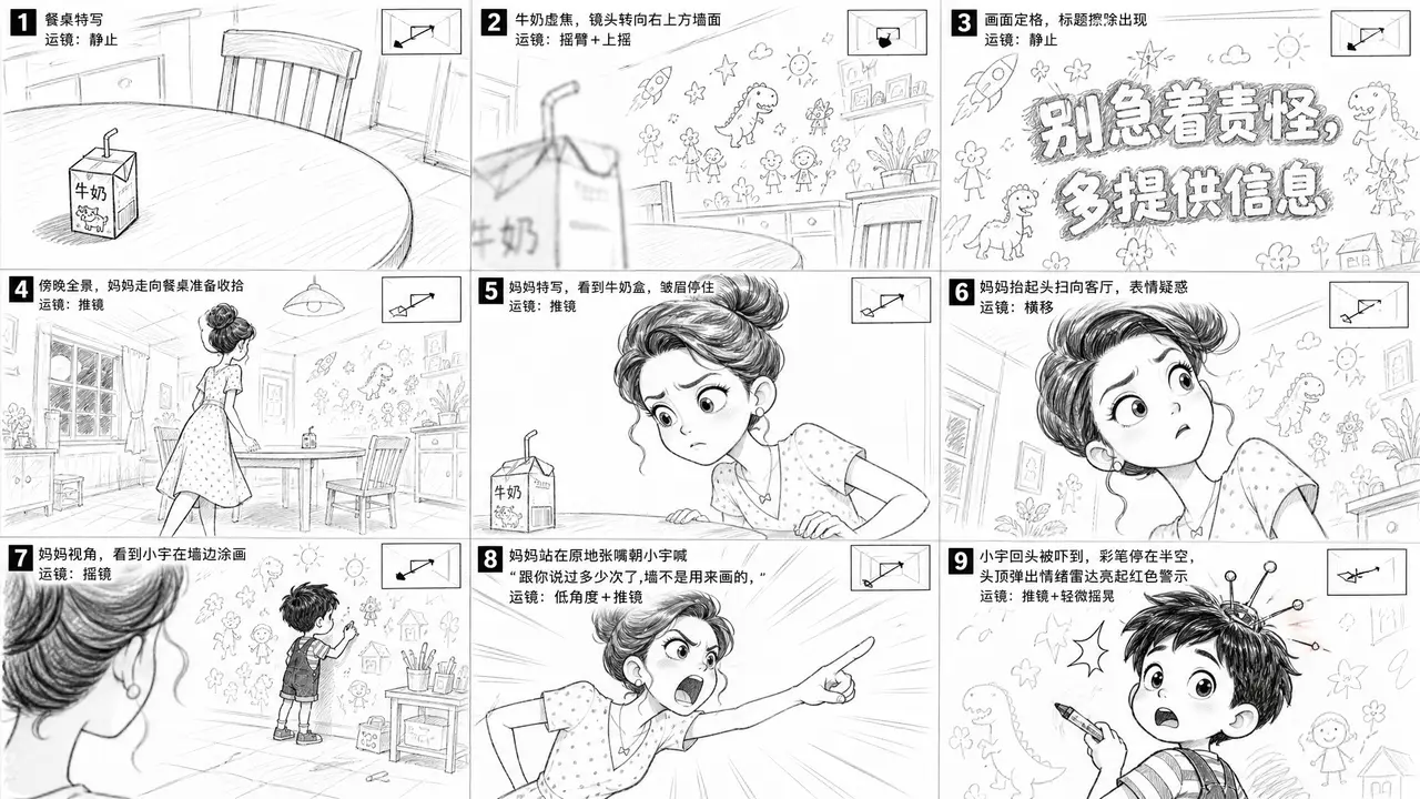 牛奶又忘放冰箱?别吼 “谁干的”!换句台词直接开挂✨|分镜草图-第1张(镜头1-9)