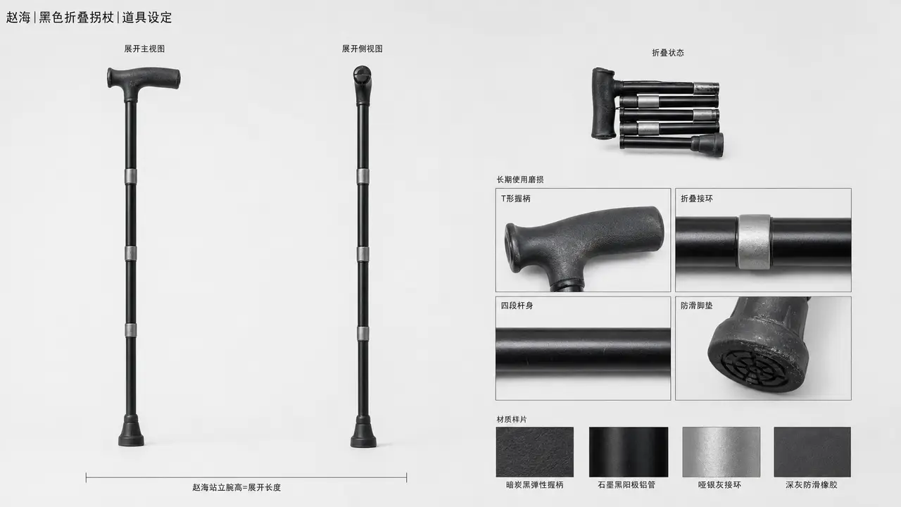 《人生差评师》|道具01|赵海黑色折叠拐杖|设定板